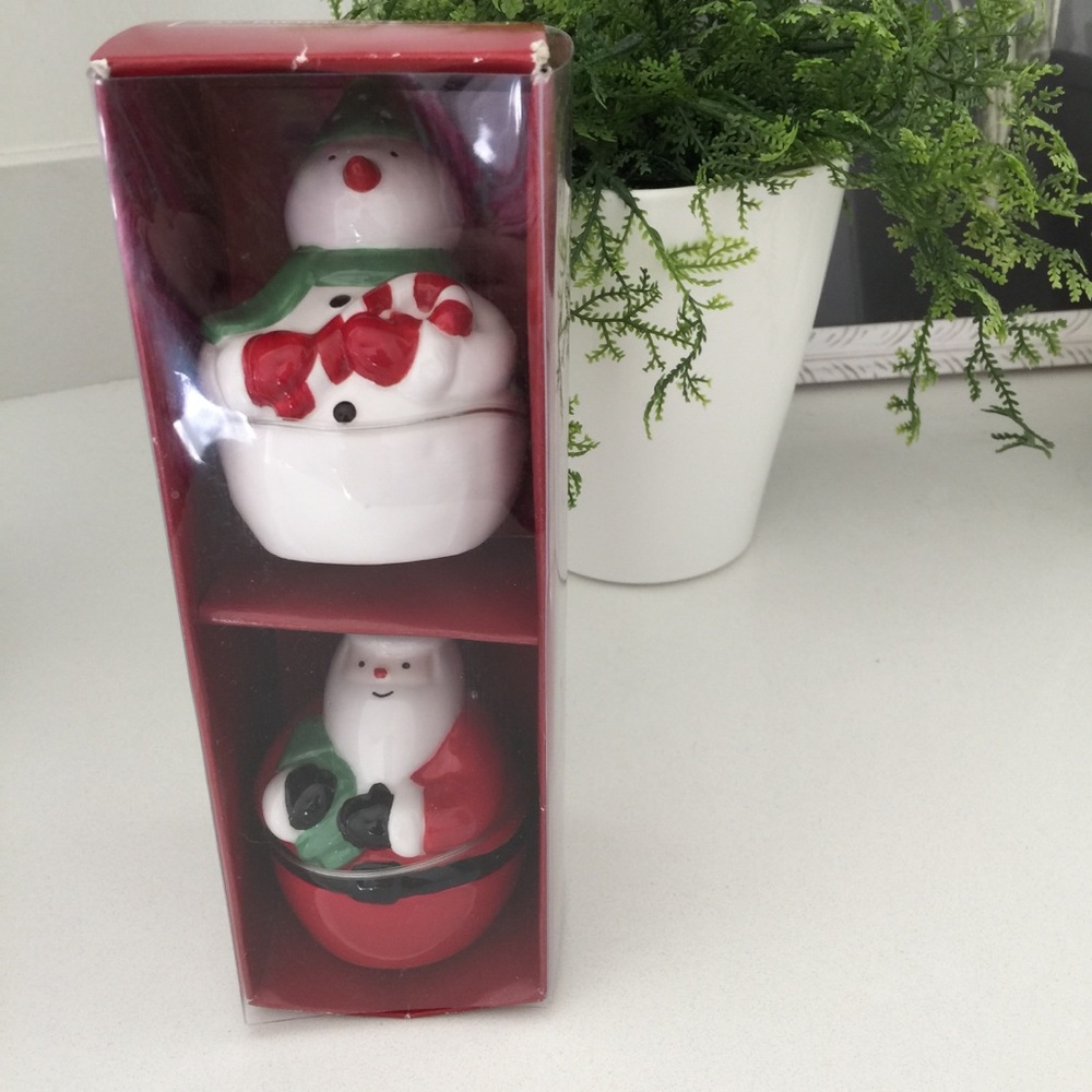 St. Nicholas Square Ceramic Santa and Snowman Salt Pepper Set